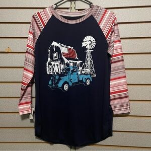NWTS‎ Ladies Medium Country Scene Navy Red White Striped Long Sleeve Tee Truck